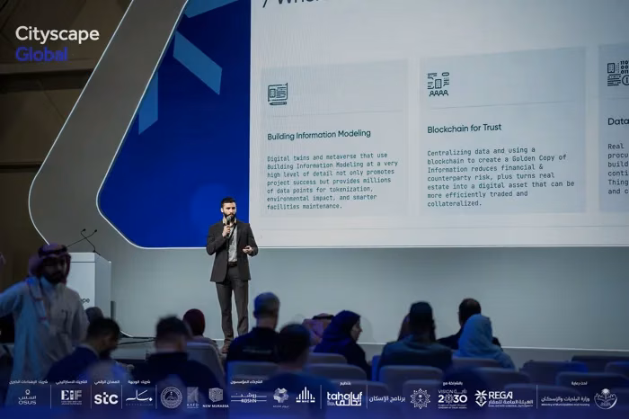 Matthew Schneider speaking at Cityscape Global Saudi in Riyadh, Saudi Arabia about blockchain technology and real estate tokenization